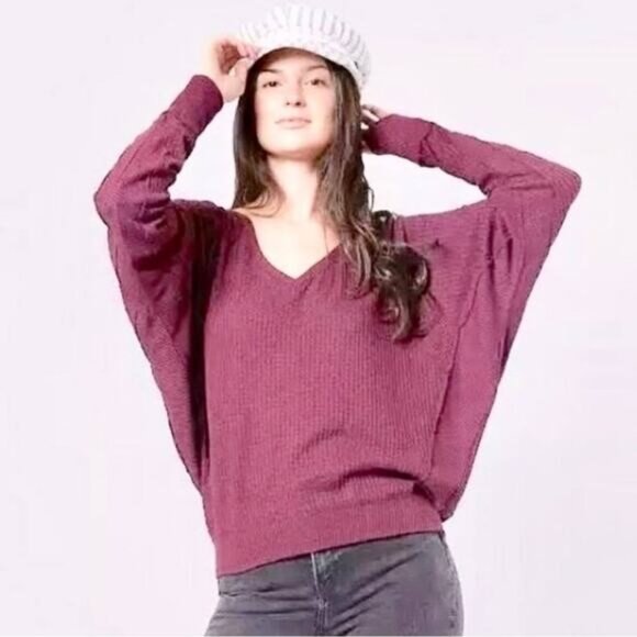 Free People  Santa Clara Long long Sleeve V-neck mulberry/rose color NEW size XS - Picture 1 of 3